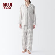 無印良品（MUJI） 女式 無側(cè)縫雙層紗織睡衣女士家居服春秋純棉條紋格紋長袖 女款 淺米色格紋 M (上裝160/84A下裝160/66A)