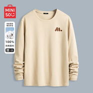 名創(chuàng)優(yōu)品（MINISO）長(zhǎng)袖t恤男春秋季寬松休閑百搭純棉打底衫簡(jiǎn)約百搭圓領(lǐng)男裝上衣服 卡其色(m咖色質(zhì)感胸標(biāo)) XL 180(體重140-160斤左右)