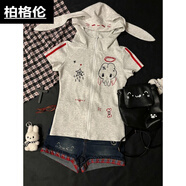 柏格倫短袖帶帽運動(dòng)百搭又好穿亞文化宅萌系兔耳連帽短袖外套女夏季款 白灰色 （只有上衣 L 【建議95-115斤】