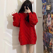 溥畔粗線(xiàn)麻花中長(cháng)款加厚毛衣裙女秋冬春節圣誕寬松慵懶針織裙 紅色 均碼