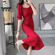 啄木鳥(niǎo)泡泡袖短袖連衣裙女2025新款女裝法式名媛禮服收腰顯瘦氣質(zhì)魚(yú)尾裙 修身2703#紅色修/身 L 100-115斤