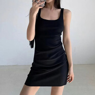 冉藝嵐同款方領(lǐng)背心連衣裙收腰包臀裙女夏季高腰褶皺吊帶裙無袖顯瘦短裙 黑 S