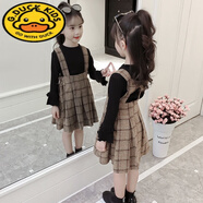 G.DUCKKIDS女童秋裝套裝2024新款兒童韓版呢子背心裙洋氣打底衫背帶裙兩件套 黑色 100 建議身高90-100cm年齡3-4歲