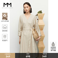 麥檬MM商場(chǎng)同款春新純棉卡其v領(lǐng)法式氣質(zhì)收腰通勤九分袖連衣裙女 淺卡其 M
