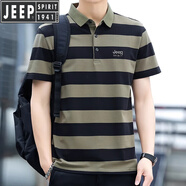 JEEP SPIRIT吉普短袖t恤男夏季薄款大碼條紋寬松休閑體恤翻領(lǐng)商務棉polo衫男 6829 軍綠 M