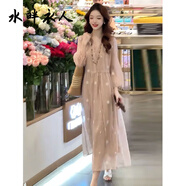 水畔衣人2025年夏季新款V領(lǐng)紐扣圓點(diǎn)蕾絲復(fù)古顯瘦連衣裙感氣質(zhì)休閑女 WH5020#藕粉色連衣裙 L 【建議 105-115斤】
