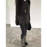 窈欣韓國秋冬法式感針織毛衣+鏤空荷葉邊短裙+坑條長(cháng)褲三件套 鏤空裙簾 S