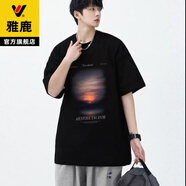 雅鹿短袖T恤男夏季港風(fēng)潮牌半袖上衣男士冰絲涼感寬松速干休閑體恤 黑色 L 推薦120-140斤