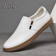 古卡頓（GUKADUN）牛皮休閑皮鞋秋季透氣男鞋懶人軟底板鞋一腳蹬軟面真皮小白鞋子男 白色 41