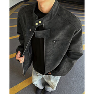 凌泊扎染正肩短款工裝PU皮夾克男加加大碼潮帥胖子寬松機車服秋季外套 黑色 M