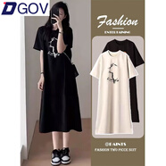 DGOV慵懶風(fēng)短袖連衣裙女2025新款夏裝棉質(zhì)中長款過膝t恤裙夏季長裙子 黑色KO貓 M 建議80-100斤
