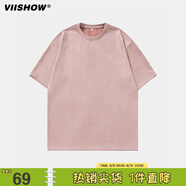 viishow情侶多色純色短袖T恤男夏季ins潮流情侶百搭寬松圓領(lǐng)打底半袖體恤 粉色 M
