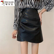 啄木鳥(niǎo)真皮小皮裙女秋冬新款高腰顯瘦不規則字半身裙綿羊皮包臀短裙子 黑色 S