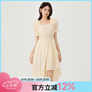 快魚(yú)方領(lǐng)泡泡袖連衣裙2024新款女夏不規則設計感收腰顯瘦氣質(zhì)長(cháng)裙 杏色 M