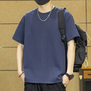 依郎酷夏季重磅純色短袖t恤男寬松圓領(lǐng)上衣服男士運(yùn)動(dòng)半袖體恤打底衫潮 寶藍(lán)色 【300g重磅】 4XL 【適合200-220斤】