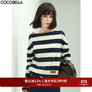 COCOBELLA藍白條紋一字領(lǐng)長(cháng)袖T恤女秋時(shí)尚船領(lǐng)針織上衣TS625 條紋 S
