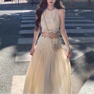 2025夏季新款盧浮幻境優(yōu)雅甜美睫毛蕾絲上衣長(cháng)裙套裝女 梔子半裙 L