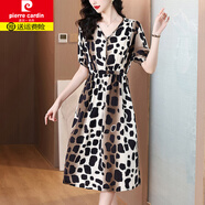皮爾卡丹（pierre cardin）廣州十三行真絲桑蠶絲連衣裙女2025夏季新款氣質(zhì)印花豹紋裙子針織 花色 2XL