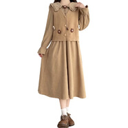 G.duck12-18歲女大童紅色連衣裙秋冬裝女孩娃娃領(lǐng)公主裙針織馬甲兩件套 卡馬甲+卡其裙 170 M建議95-105斤