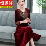恒源祥媽媽裝秋季氣質(zhì)女士大碼高貴婚禮金絲絨中長款連衣裙禮服平時可穿 酒紅色 L