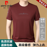 皮爾卡丹（pierre cardin）抗皺新款寬松短袖t恤男士夏季圓領(lǐng)半袖冰絲薄款體恤中青年休閑T 棕紅 M 推薦【95-115斤】