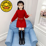 G.DUCKKIDS童裝女童毛衣連衣裙秋冬裝2024新款兒童中長款裙子女孩打底針織裙 D83-紅色(加厚毛衣裙)贈送皮帶 120 cm適合110-120cm年齡5-6歲