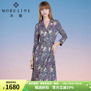 MORELINE沐蘭冬季新款復古中腰印花連衣裙女九分袖碎花裙 綠紫花 3XL 46