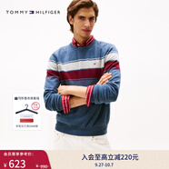 TOMMY HILFIGER【純色V領(lǐng)】秋冬男裝純棉商務(wù)休閑通勤內搭打底衫針織衫毛衣 【撞色條紋】霧霾藍D0U L （推薦：150-165斤）
