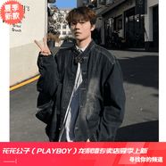 花花公子春季韓版百搭復(fù)古水洗做舊長袖立領(lǐng)單排扣牛仔寬松夾克外套 復(fù)古藍(lán) M