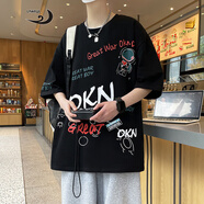 浪古 LAWKUL短袖男夏季新款字母印花半袖t恤男休閑寬松上衣青少年情侶體恤衫 黑色 M