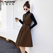啄木鳥(niǎo)（TUCANO）時(shí)尚新中式2025套裝秋冬季單排新款氣質(zhì)領(lǐng)顯毛呢背心連衣裙兩件套 套裝【黑毛衣+啡色連衣裙】 L