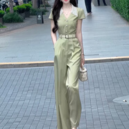 拉夏貝爾（La Chapelle）休閑闊腿褲法式連體褲女2025夏季新款修身氣質(zhì)女神范感連身長款 青梅綠色連體褲送腰帶 青梅綠色 M 100-110斤