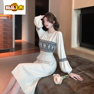 初徑2025秋冬裝新款小香風(fēng)名媛氣質(zhì)修身顯瘦中長(cháng)款過(guò)膝打底針織連衣裙 杏色 M 90-110