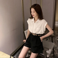 菲尼東爵檔洋氣兩件套女夏季2025新款寬松顯瘦短袖襯衫闊腿短褲時(shí)尚套裝 白色+黑色短褲 L 【105一115斤】