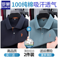 羅蒙（ROMON）高端100%純棉t恤男士2025夏季Polo衫短袖翻領(lǐng)寬松爸爸裝全棉體恤 深藍(lán)+淺藍(lán)【純棉兩件套】 2XL 【體重150-168斤】