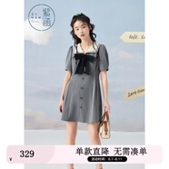 紫涵（ZIHAN）紫涵學(xué)院風(fēng)連衣裙女夏季甜美撞色翻領(lǐng)收腰小個子A字短裙 灰色 S