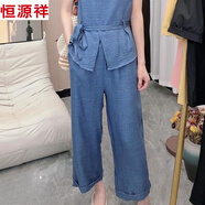 恒源祥棉麻時(shí)尚套裝女2025年夏季新款氣質(zhì)設計感OL風(fēng)圓領(lǐng)短袖襯衫九分褲 牛仔藍（褲子） L 80-110斤