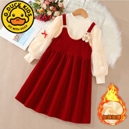 G.DUCKKIDS女童連衣裙秋冬款兒童公主裙子洋氣新年衣服紅色女孩2023新款加絨 花朵兩件套(打底衫加絨+裙子加絨 140 cm適合130-140cm年齡8-9歲