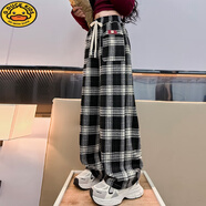 G.DUCKKIDS女童闊腿褲2025新款高腰休閑兒童直筒褲加絨女中大童韓版格子長褲 格子闊腿褲-春秋黑色 120 cm 建議110-120cm年齡5-6歲