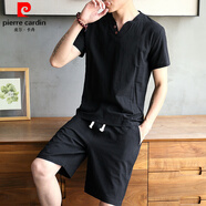 皮爾卡丹（pierre cardin）品牌夏季亞麻套裝男休閑棉麻短袖t恤男裝古風(fēng)衣服唐裝寬松漢服男t A24黑色一套 M 85斤左右