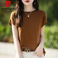 皮爾卡丹（pierre cardin）夏季新款針織衫短袖女薄款歐貨薄恤夏天桑蠶真絲上衣 棕色 M 80-105斤