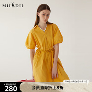 謎底連衣裙女2024夏款通勤風純色寬松中長裙短袖配腰帶246ML7029 土黃 M
