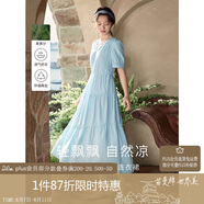 茵曼（INMAN）法式連衣裙女夏季顯瘦遮肚燈籠袖抽繩收腰公主長(cháng)裙子 紺藍色 XL 
