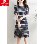 皮爾卡丹（pierre cardin）法式刺繡碎花連衣裙女夏季2025新款寬松顯瘦氣質(zhì)優(yōu)雅條紋裙女裝新 藏青色 2XL