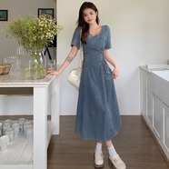 FOX.G牛仔裙新品連衣裙裙子女夏季2025新款衣服女裝法式寬松純欲長(cháng)裙 法式短袖牛仔收腰連衣裙 XL 【建議115-130斤】