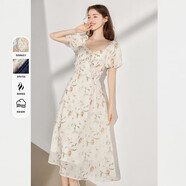 米萊達(dá)（MEETLADY）法式優(yōu)雅V領(lǐng)連衣裙女2024夏季新款泡泡袖A字裙仙女裙子夏 花米色 S