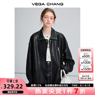 VEGA CHANG黑色皮衣女2025春秋寬松顯瘦機(jī)車(chē)風(fēng)pu皮短外套 松綠黑 L