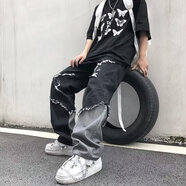 畫(huà)枕眠美式復古寬松牛仔褲男時(shí)尚潮流牛仔褲高街假破洞青年牛仔褲男款 漸變色 L