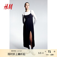 H&M女裝背心吊帶連衣裙秋季透氣修身度假A字抽繩中長連身裙1224678 黑色 160/88