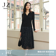 玖姿·安娜蔻【蕾絲映夢(mèng)】假兩件拼接壓褶毛衫連衣裙女春款 素黑 XL